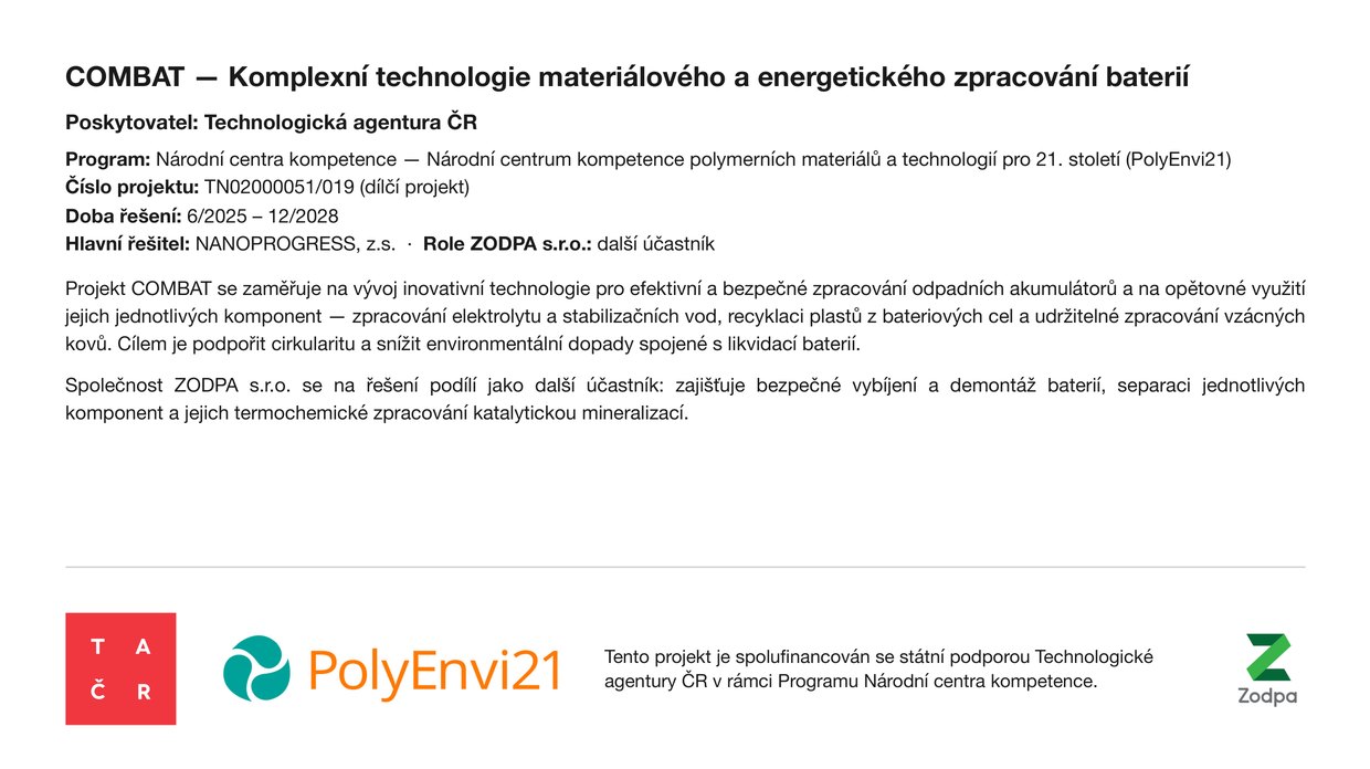 Leták povinné publicity dílčího projektu COMBAT, č. TN02000051/019, podpořeného Technologickou agenturou ČR v rámci Programu Národní centra kompetence.