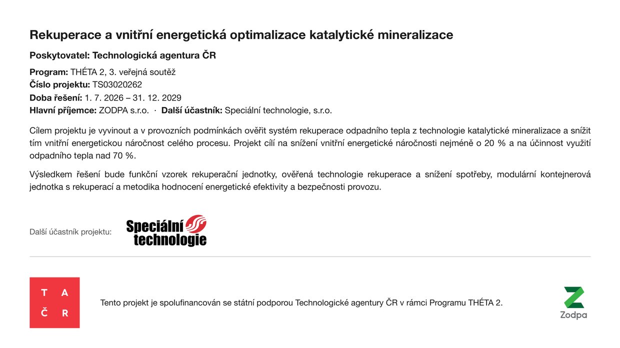 Leták povinné publicity projektu Rekuperace a vnitřní energetická optimalizace katalytické mineralizace, č. TS03020262, podpořeného Technologickou agenturou ČR v programu THÉTA 2.