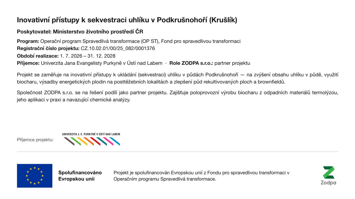 Leták povinné publicity projektu Inovativní přístupy k sekvestraci uhlíku v Podkrušnohoří, reg. č. CZ.10.02.01/00/25_082/0001376, spolufinancovaného Evropskou unií. ZODPA s.r.o. je partnerem projektu a zajišťuje poloprovozní výrobu biocharu.
