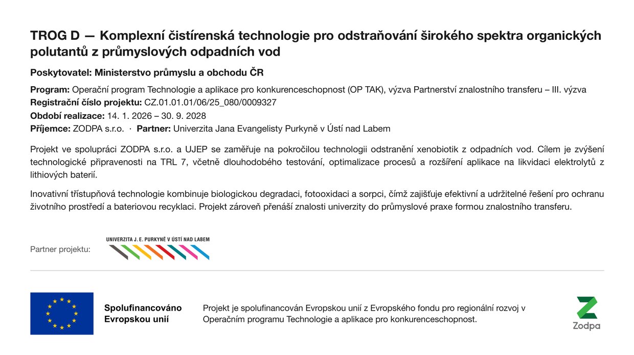 Leták povinné publicity projektu TROG D, reg. č. CZ.01.01.01/06/25_080/0009327, spolufinancovaného Evropskou unií. Cílem projektu je vyvinout ve spolupráci s UJEP pokročilou technologii odstranění xenobiotik z odpadních vod.